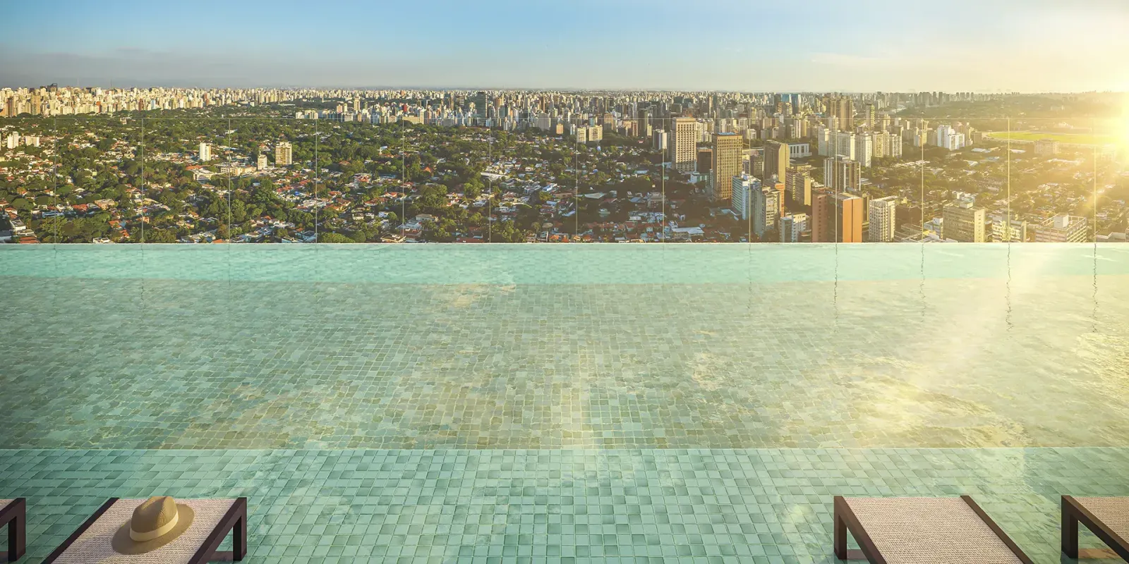 Concepção artística da piscina com borda infinita no rooftop